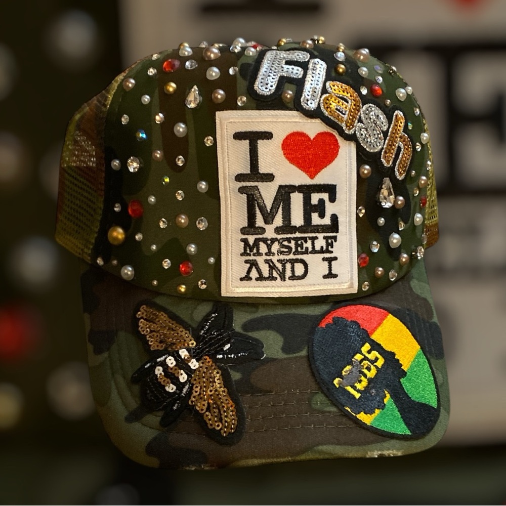 Green and Red Studded Camouflage Trucker Hat with Patches